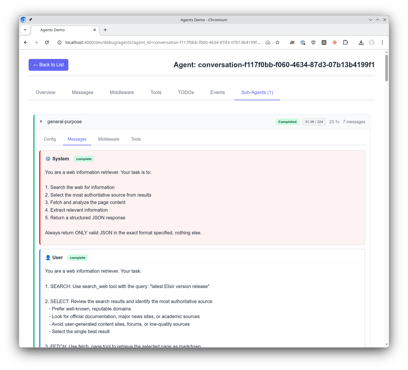 Sub-agent multi-turn message history
