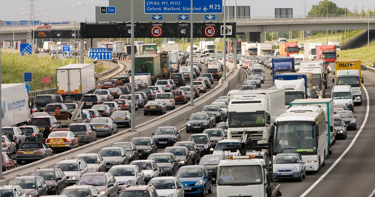 Hundreds of cars queueing on the M25 motorway in England