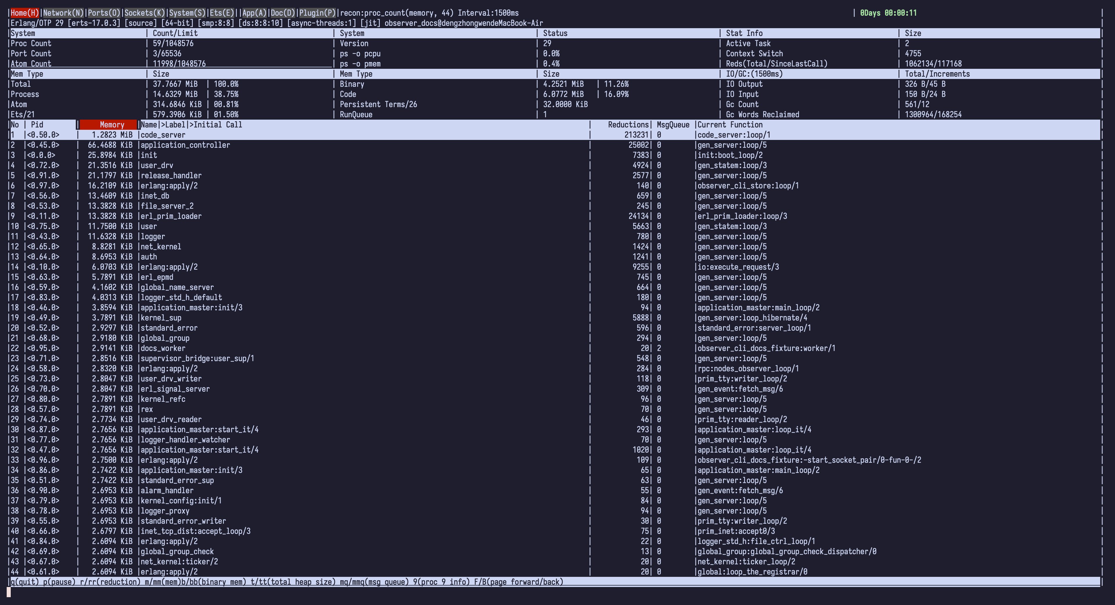 Observer CLI Home page showing live VM health, memory and IO statistics, and process rankings