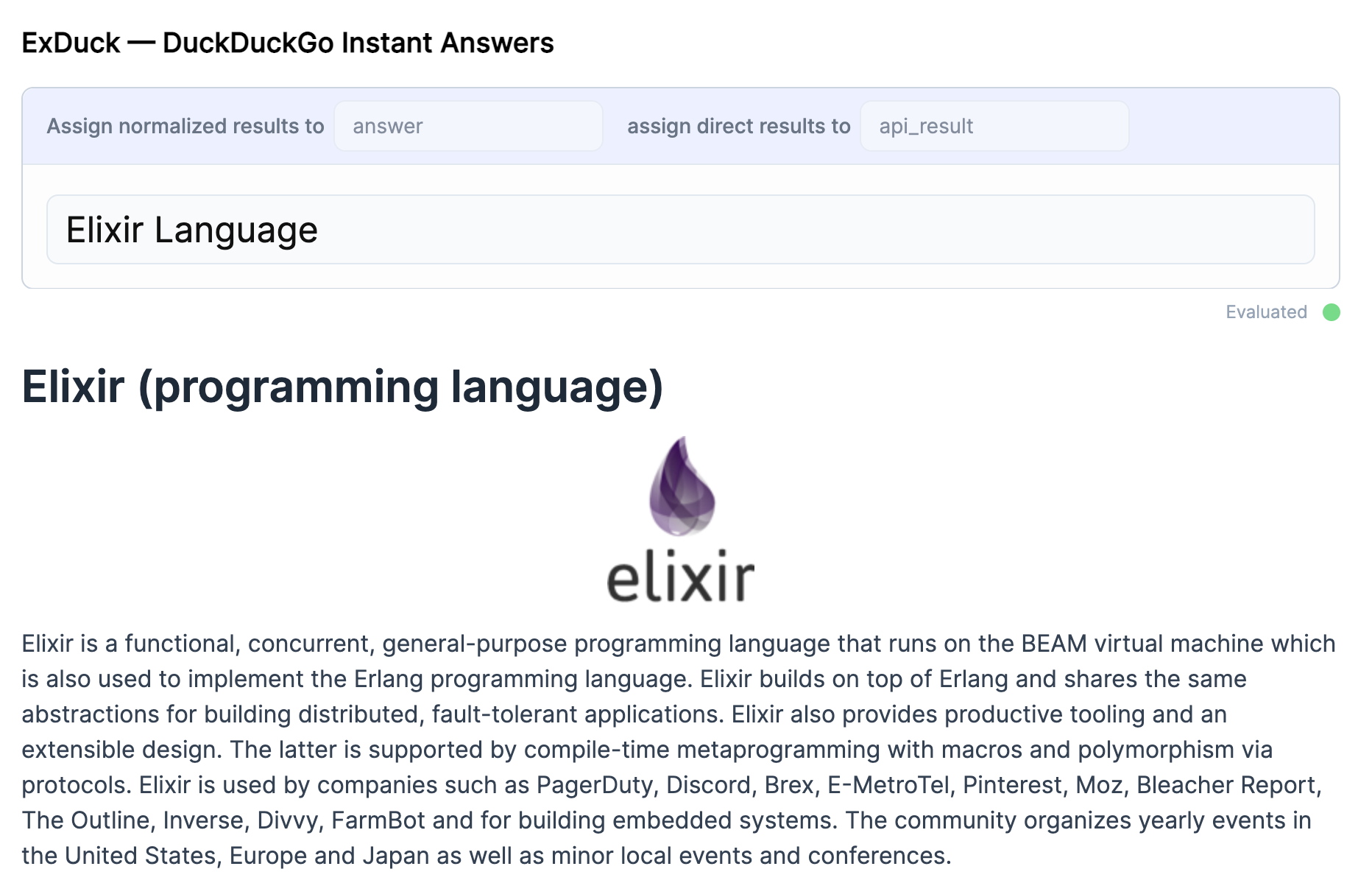ExDuck smart cell showing a query and results for "Elixir Language"