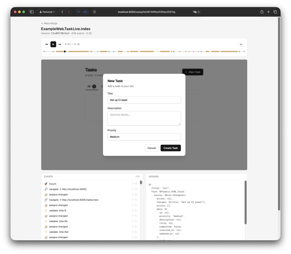 PhoenixReplay dashboard replaying a form session