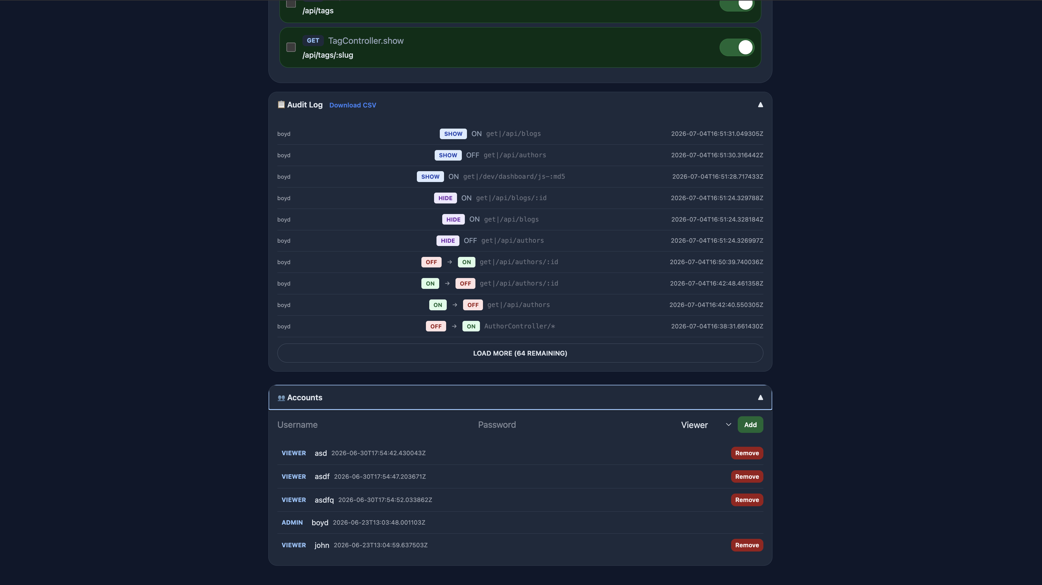 Audit Log & Accounts