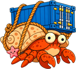 Pago, the paguro mascot, carrying a Docker container on his shell