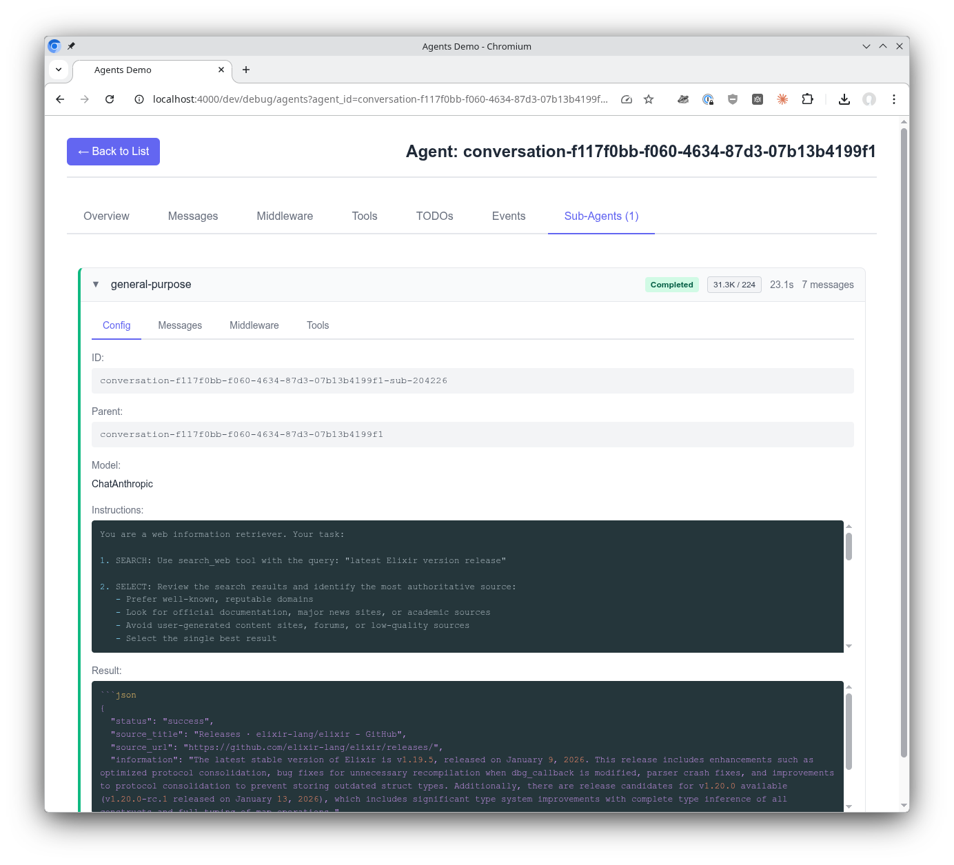 Sub-agent config showing instructions and response