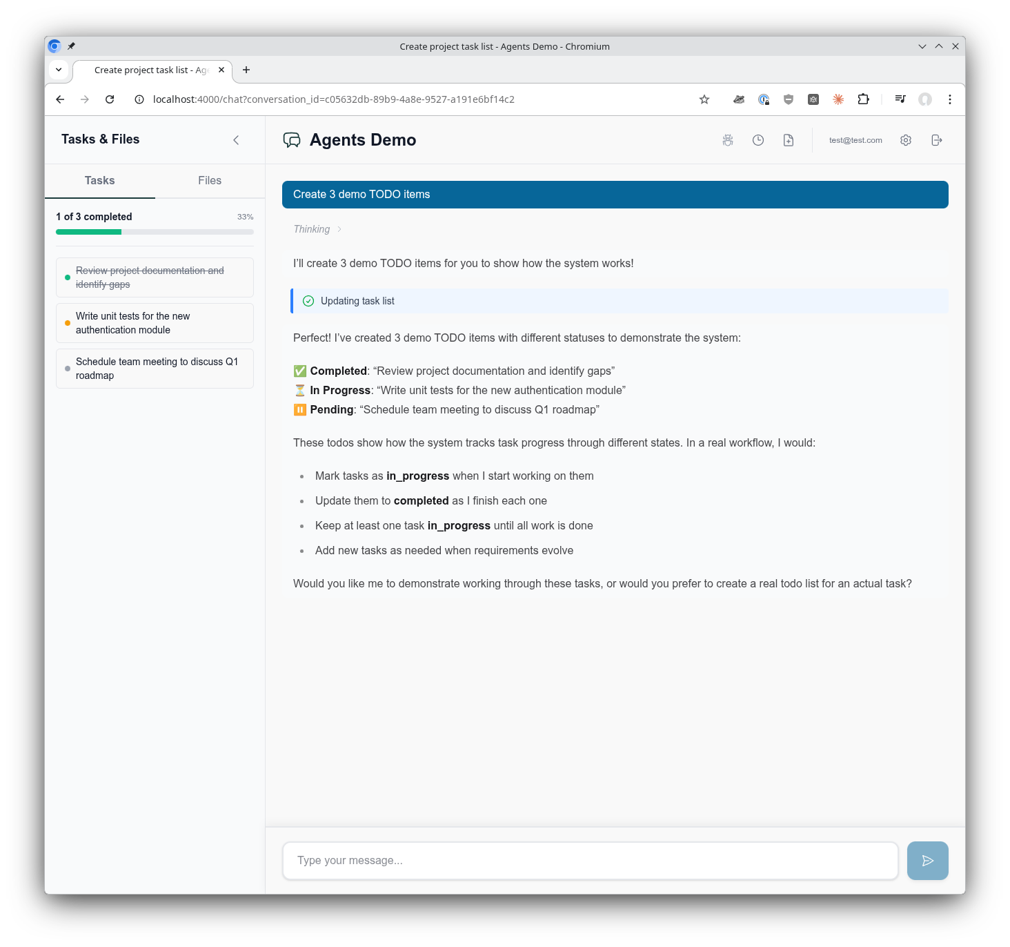 AgentsDemo example application showing active TODO items